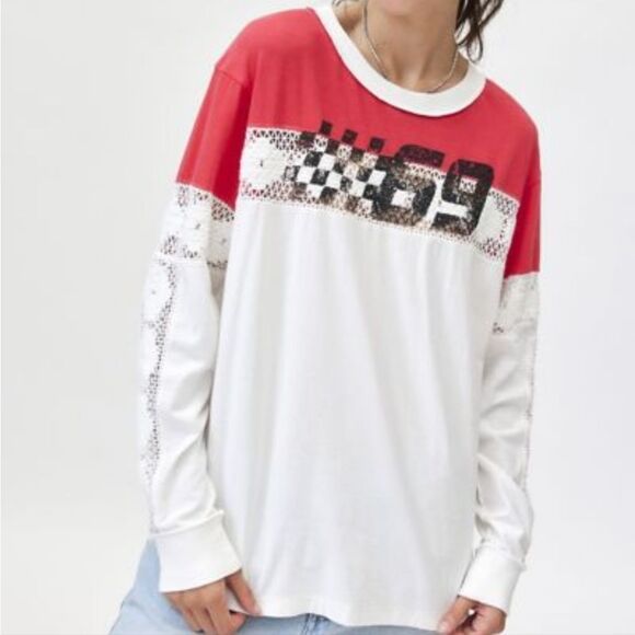 NWT bdg rugby  Spliced Long Sleeve crochet detailed Top size large - Picture 4 of 4